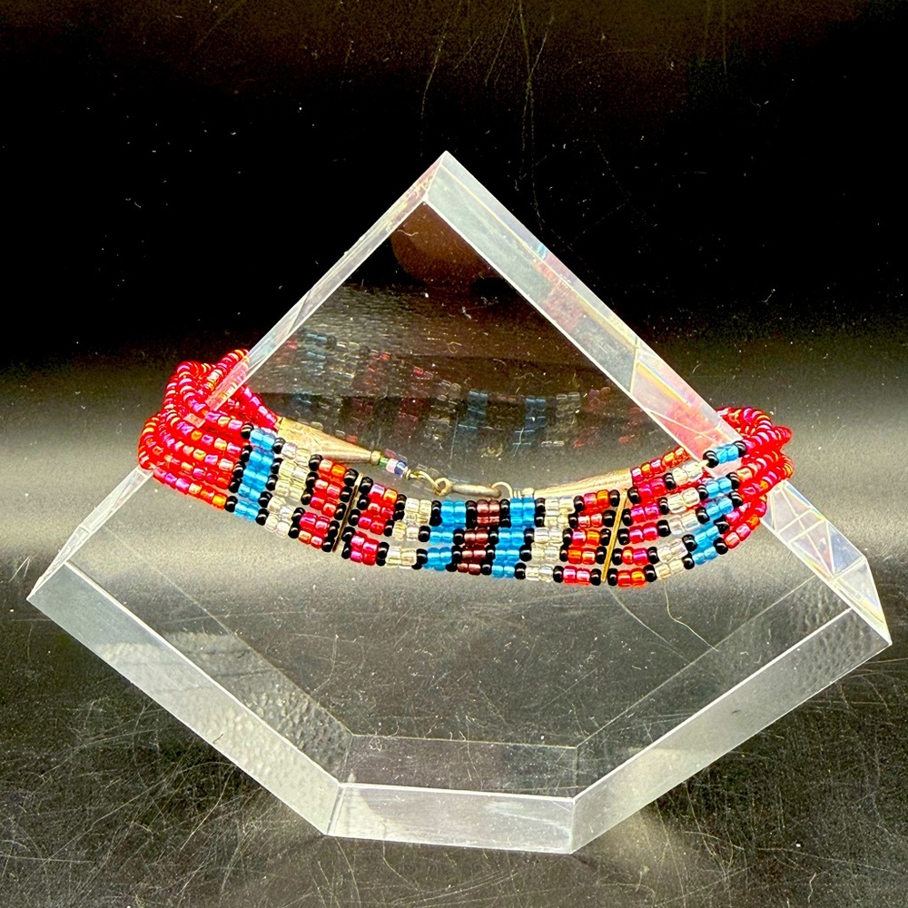 Vintage Multi Color Heishi 5 Strands Liquid Sterling Silver Bracelet 8" 02251